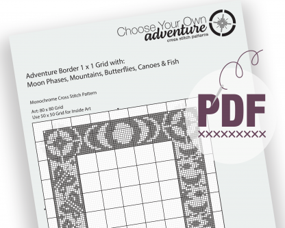 Cross Stitch Sampler Adventure Border (with Moon Phases, Mountains, Butterflies, Canoes & Fish) - Image 3
