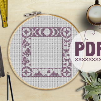 Cross Stitch Sampler Adventure Border (with Moon Phases, Mountains, Butterflies, Canoes & Fish)