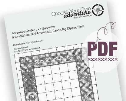 Cross Stitch Sampler Adventure Border (with Bison/Buffalo, NPS Arrowhead, Canoe, Big Dipper, Tents) - Image 2