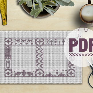 Cross Stitch Sampler Adventure Border (with Bison/Buffalo, NPS Arrowhead, Canoe, Big Dipper, Tents, Trees,  Butterflies, Mountains)