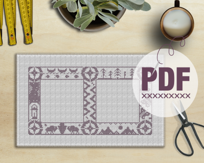 Cross Stitch Sampler Adventure Border (with Bison/Buffalo, NPS Arrowhead, Canoe, Big Dipper, Tents, Trees,  Butterflies, Mountains)