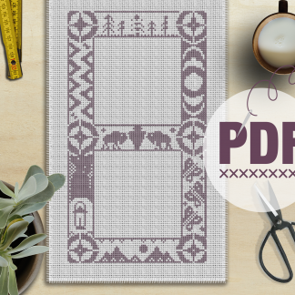 Cross Stitch Sampler Adventure Border (with Bison/Buffalo, NPS Arrowhead, Canoe, Big Dipper, Tents, Trees,  Butterflies, Mountains)