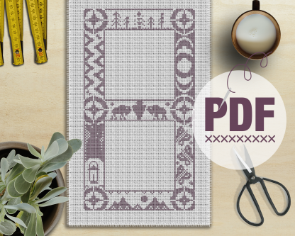 Cross Stitch Sampler Adventure Border (with Bison/Buffalo, NPS Arrowhead, Canoe, Big Dipper, Tents, Trees,  Butterflies, Mountains)